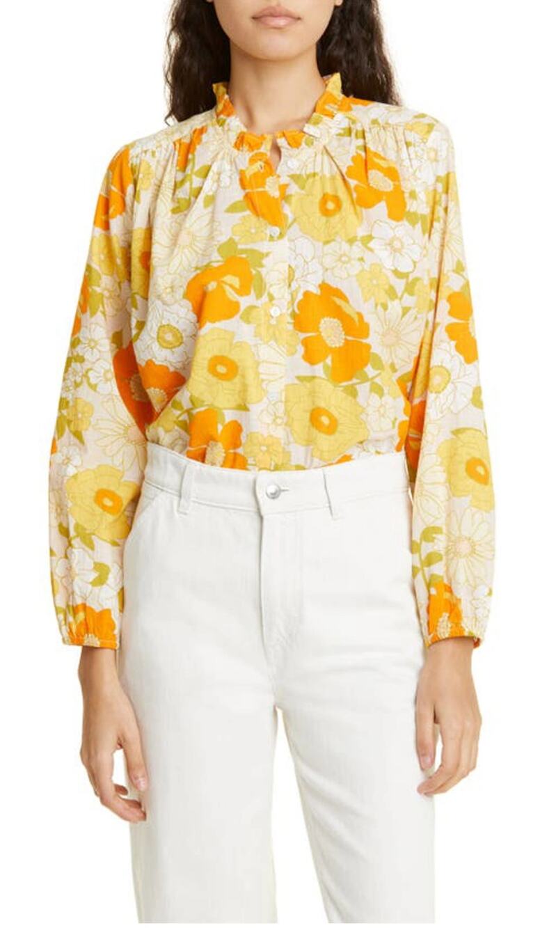 Millie Francesca High Neck Cotton Blouse In Retro Floral Size XXS
